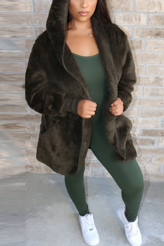 BlackishGreen Fashion Casual Hooded Collar Solid Velvet Faux Fur Coats