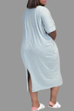 Grey Fashion Casual Print Slit O Neck Plus Size Dresses