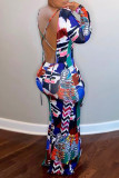 Multicolor Fashion Sexy Print Backless Cross Straps O Neck Long Sleeve Dresses