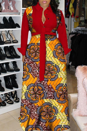 Red Fashion Casual Print Patchwork Turndown Collar Long Sleeve Dresses