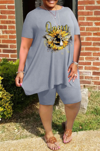 Grey Casual Print Patchwork O Neck Plus Size Two Pieces