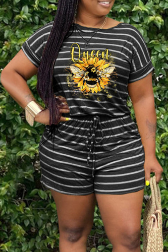 Black Casual Print Patchwork O Neck Straight Rompers