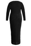 Black Plus Size Fashion Sexy Party Elegant Solid Bright Silk V Neck Wrapped Skirt Plus Size Dresses