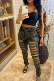 Army Green Casual Street Print Camouflage Print Skinny High Waist Pencil Full Print Bottoms