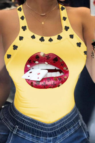 Yellow Sexy Print Patchwork U Neck Tops