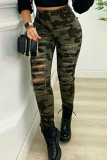 Army Green Casual Street Print Camouflage Print Skinny High Waist Pencil Full Print Bottoms