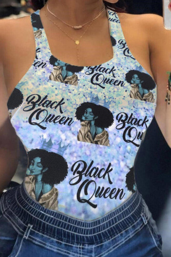 Water Blue Sexy Print Patchwork U Neck Tops