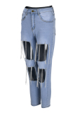 Blue Sexy Casual Solid Hollowed Out Patchwork Chains High Waist Jeans