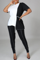 Black And White Casual Solid Split Joint O Neck Short Sleeve Two Pieces