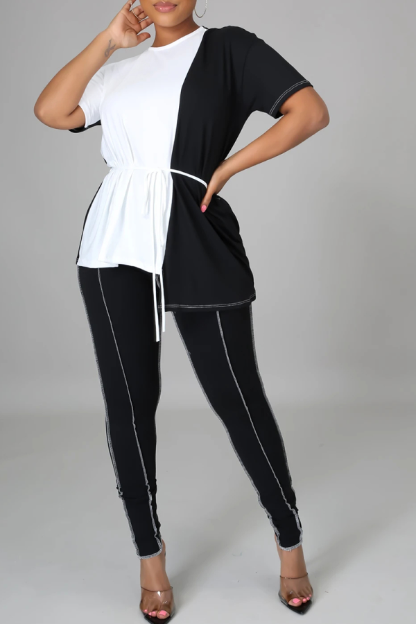Black And White Casual Solid Patchwork O Neck Short Sleeve Two Pieces