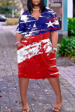 Blue Red Flag Stars Print V Neck Short Sleeve African Plus Size Loose Straight Midi Dress