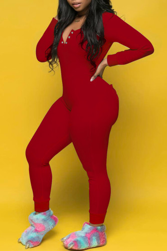 Red Casual Living Solid Patchwork V Neck Skinny Jumpsuits