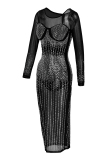 Black Silver Fashion Sexy Patchwork Hot Drilling See-through O Neck Long Sleeve Dresses