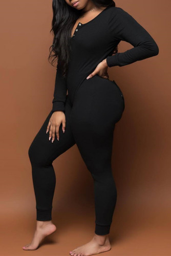 Black Casual Living Solid Patchwork V Neck Skinny Jumpsuits