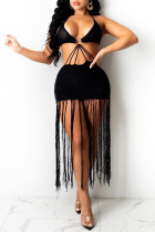 Black Sexy Solid Tassel Hollowed Out Split Joint Backless Swimwears Cover Up