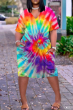 Multicolor Fashion Casual Print Tie-dye V Neck Short Sleeve Dress