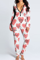 White Pink Fashion Casual Living Print Basic V Neck Skinny Jumpsuits