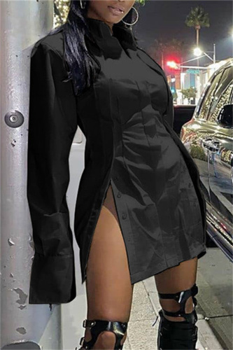 Black Fashion Casual Solid Slit Turndown Collar Shirt Dress Dresses