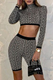 Black Sexy Print Patchwork Half A Turtleneck Long Sleeve Two Pieces