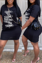 Black Fashion Casual Print Letter O Neck One Step Skirt Dresses