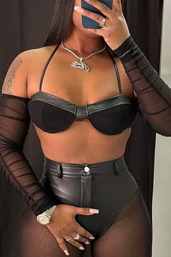 Black Sexy Solid Patchwork See-through Halter Tops