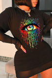 Black Fashion Street Eyes Printed Patchwork O Neck T-Shirts