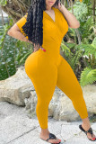 Yellow Fashion Casual Solid Basic V Neck Skinny Jumpsuits