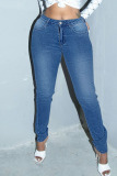 Medium Blue Casual Street Solid Ripped Patchwork High Waist Denim Jeans