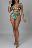 Green Fashion Sexy Print Bandage Backless Swimwears
