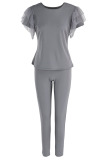 Grey Fashion adult Active ruffle Solid Two Piece Suits Patchwork pencil Short Sleeve
