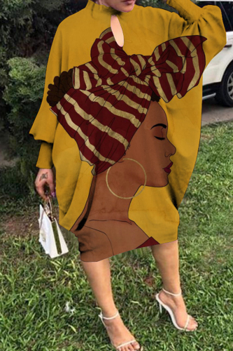 Ginger Fashion Casual Print Hollowed Out Half A Turtleneck Long Sleeve Dresses