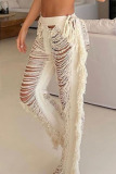 White Sexy Solid Tassel Hollowed Out Patchwork Straight High Waist Straight Solid Color Bottoms