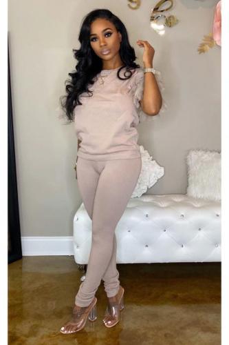 Pink Fashion adult Active ruffle Solid Two Piece Suits Patchwork pencil Short Sleeve
