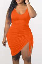 Tangerine Red Sexy Solid Draw String V Neck Pencil Skirt Dresses