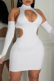 White Sexy Solid Hollowed Out Patchwork Backless Turtleneck One Step Skirt Dresses