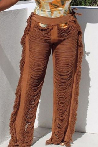 Coffee Sexy Solid Tassel Hollowed Out Patchwork Straight High Waist Straight Solid Color Bottoms