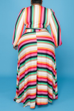 Stripe Casual Striped Patchwork V Neck Waist Skirt Plus Size Dresses