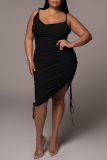 Black Sexy Solid Patchwork Spaghetti Strap Pencil Skirt Plus Size Dresses