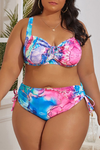 Rose Red Fashion Sexy Print Draw String Frenulum Backless Spaghetti Strap Plus Size Swimwear