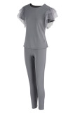Grey Fashion adult Active ruffle Solid Two Piece Suits Patchwork pencil Short Sleeve