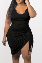 Black Sexy Solid Draw String V Neck Pencil Skirt Dresses
