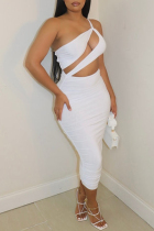White Fashion Sexy Solid Hollowed Out Backless One Shoulder Sleeveless Dress Dresses