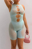Blue Sexy Print Polka Dot Hollowed Out Patchwork See-through O Neck Skinny Jumpsuits