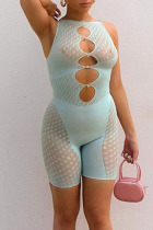 Blue Sexy Print Polka Dot Hollowed Out Split Joint See-through O Neck Skinny Jumpsuits