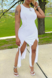 White Casual Solid Patchwork Slit U Neck Vest Dress Dresses