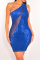 Blue Sexy Patchwork Sequins One Shoulder Pencil Skirt Dresses