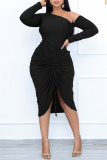 Black Fashion Sexy Solid Patchwork Draw String Oblique Collar Long Sleeve Dresses
