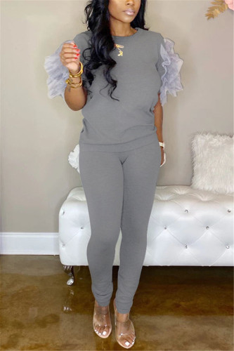 Grey Fashion adult Active ruffle Solid Two Piece Suits Patchwork pencil Short Sleeve