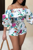 White Casual Print Patchwork Off the Shoulder Straight Jumpsuits