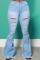 Baby Blue Street Solid Ripped Patchwork High Waist Boot Cut Denim Jeans